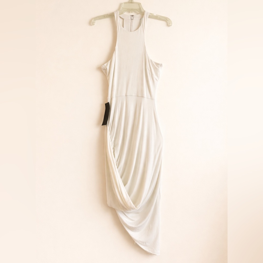bebe Racerback Twist Skirt Dress in White – Elegant Draped Midi, Size Small